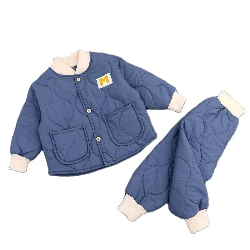 Boys Girls Set Winter Plush Thickened Cotton Clothes 2024 New Splicing High Collar Pullover+Pant Kids Suits Children Clothing