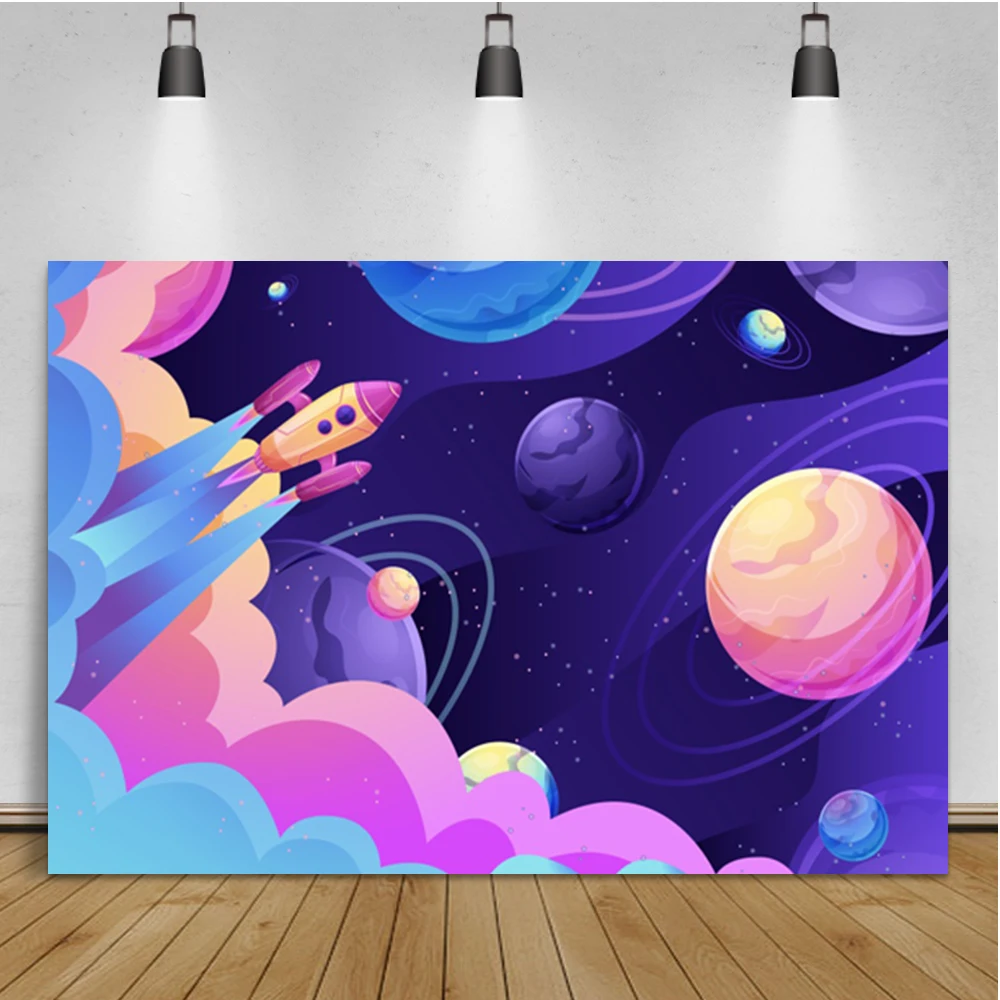 Laeacco เด็กวันเกิดการถ่ายภาพพื้นหลังที่มีสีสัน Fantastic Planet Rocket ภาพที่กำหนดเองฉากหลัง Photocall สำหรับ Photo Stud