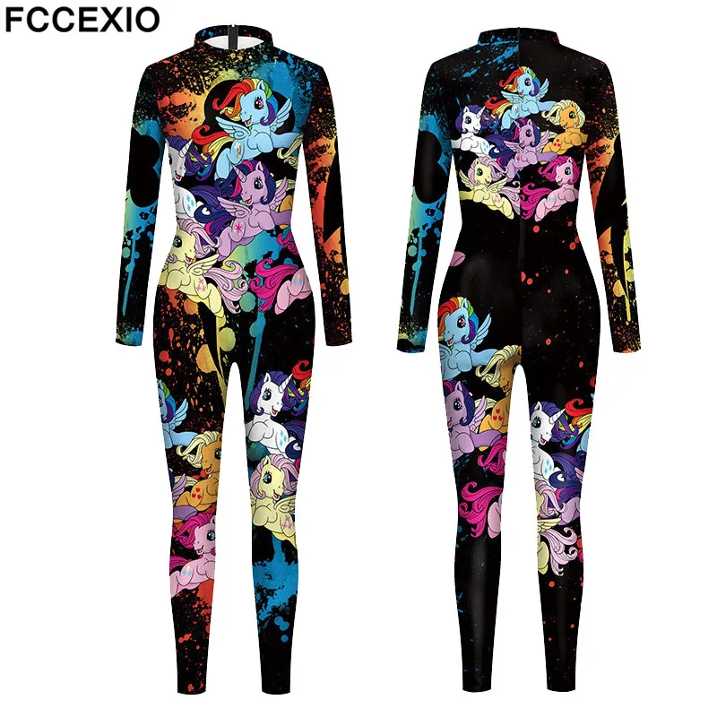 FCCEXIO Female Rainbow Unicorn Print Sexy Bodysuits Women  Back Zipper Party Slim Jumpsuits New Skinny Long Rompers