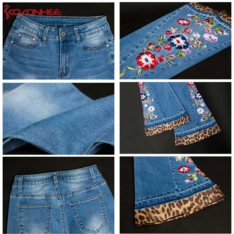 Embroidery Leopard Patchwork Flare Jeans Women Elasticity Bell-Bottoms Released Hem Jeans Stretching women Jeans Large Size #09