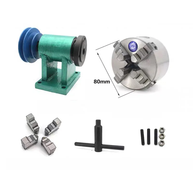 Household Lathe Spindle Assembly DIY Small Woodworking Rotating Seat 80 Three-jaw Chuck Flange Pulley Lathe Spindle Tools New