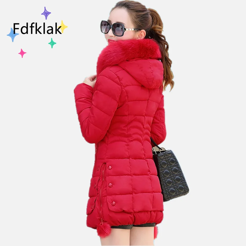 Fdfklak-abrigo grueso ajustado de talla grande para mujer, chaqueta de invierno de longitud media con cuello de piel coreana, Sudadera con capucha