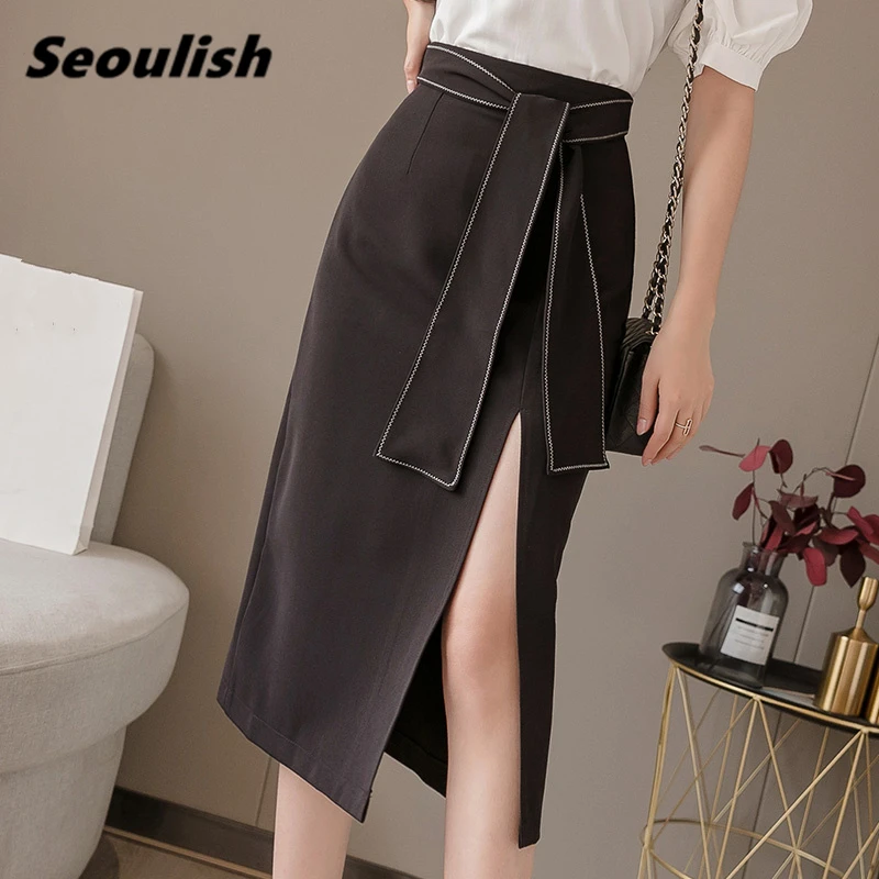 

Seoulish Spring Summer New 2021 Korean OL Elegant Pencil Midi Skirt Sashes Chic High Waist Front Split Sheath Wrap Skirts Female