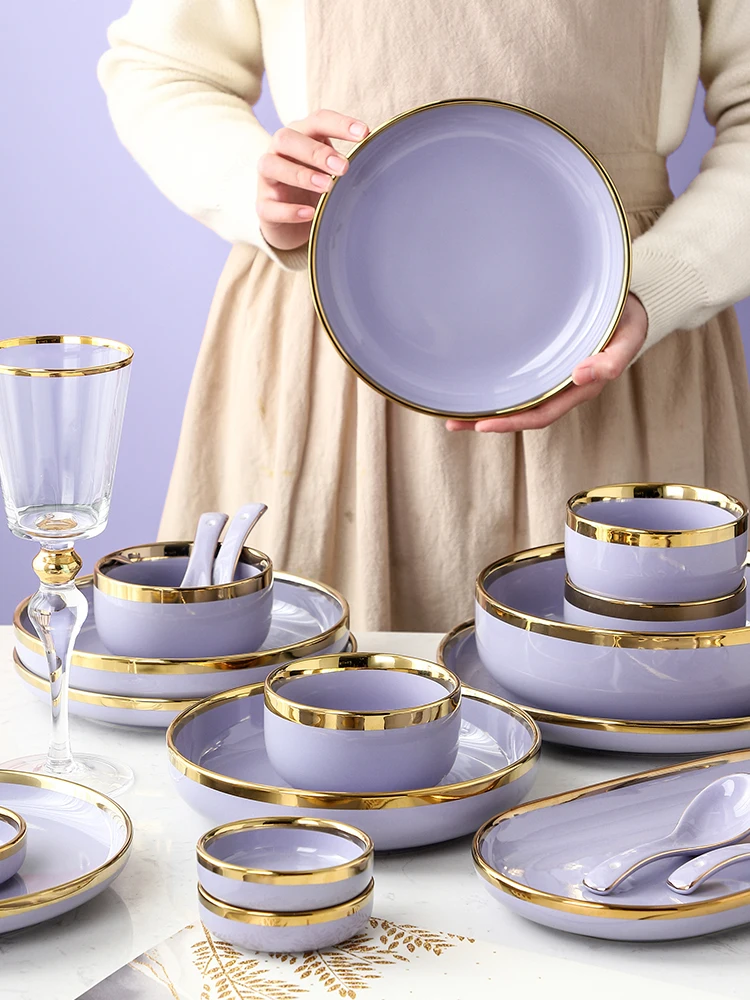 

TT Golden Edge Simple Ceramic Tableware Set Light Luxury Tableware Plate Rice Bowl Home Personalized Creative Combination