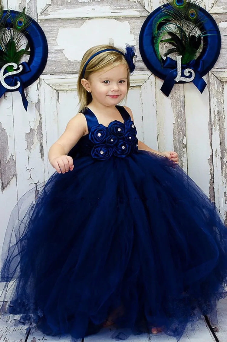 Girls Navy Pearl Flower Tutu Dress Kids Tulle Strap Evening Dress Ball Gown with Hairbow Children Birthday Party Costume Dresses