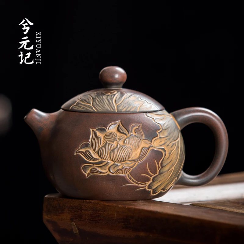 

|single teapot, household relief lotus, handmade ceramic teapot, nixing pottery, purple sand pottery, kungfu tea set