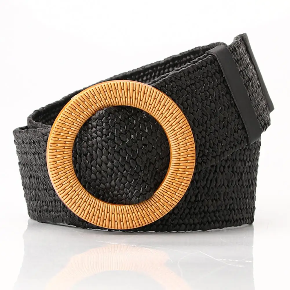 Boho Women Weaving Straw Elastic Waist Band Pin Buckle Belt Dress Jeans Decor Elastic Waist Buckle Belt Waist