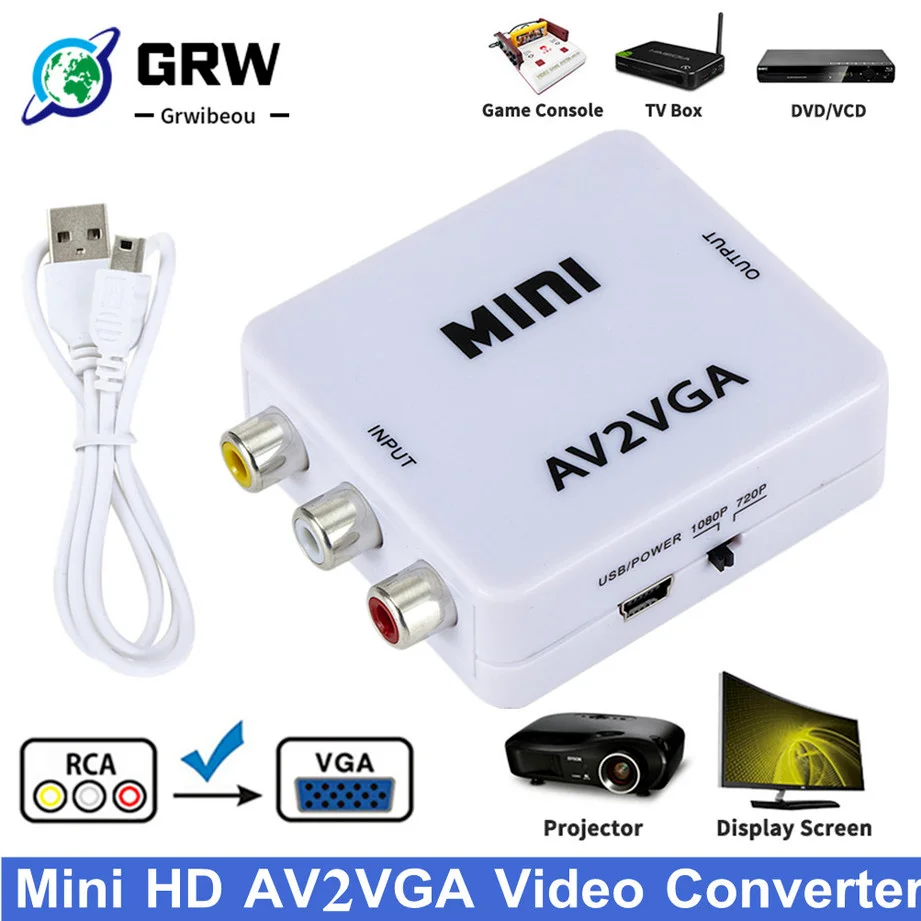 GRWIBEOU 1080P Mini Video Convertor RCA AV to VGA Video Converter Conversor with 3.5mm Audio AV2VGA / CVBS + Audio to HDTV PC