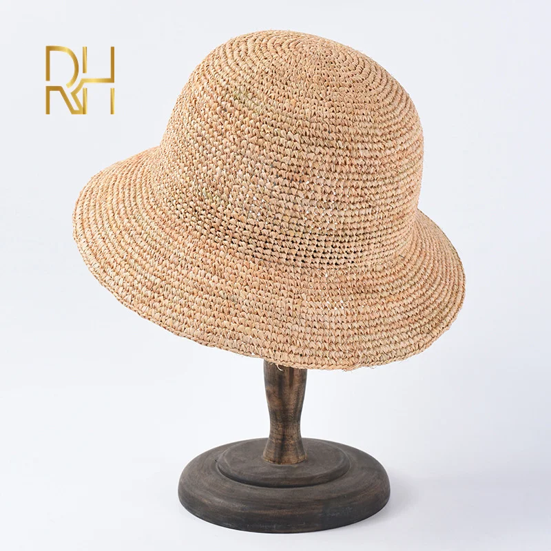 Handmade Ladies Crochet Natural Raffia Straw Bucket Hat For Spring Summer Beach Floppy fisherman Caps