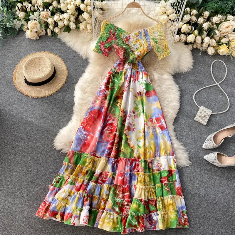 Bohemian Women Tie Dye Printed Short Sleeve Dress Women Summer Long Dress V-Neck High Waist Vacation Beach Ruffle Vestidos