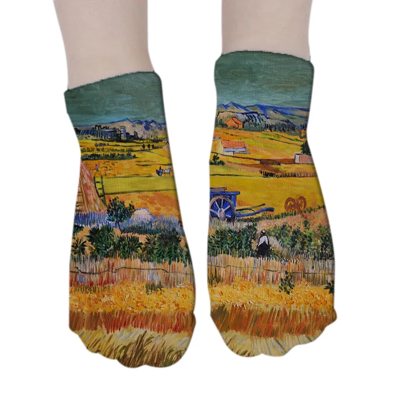 3D Printed Oil Painting Pattern Short Socks For Women Van Gogh Famous Art Autumn Summer Unisex Funny Happy Crew Socks Girl Gift