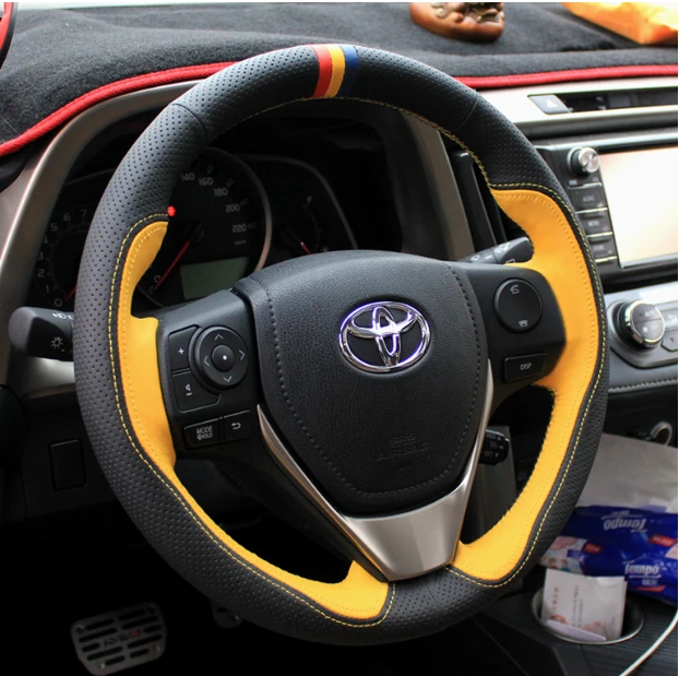 For Toyota Highlander new Crown Prado FJCruiser FJ DIY leather suede hand stitched steering wheel cover car interior decoration