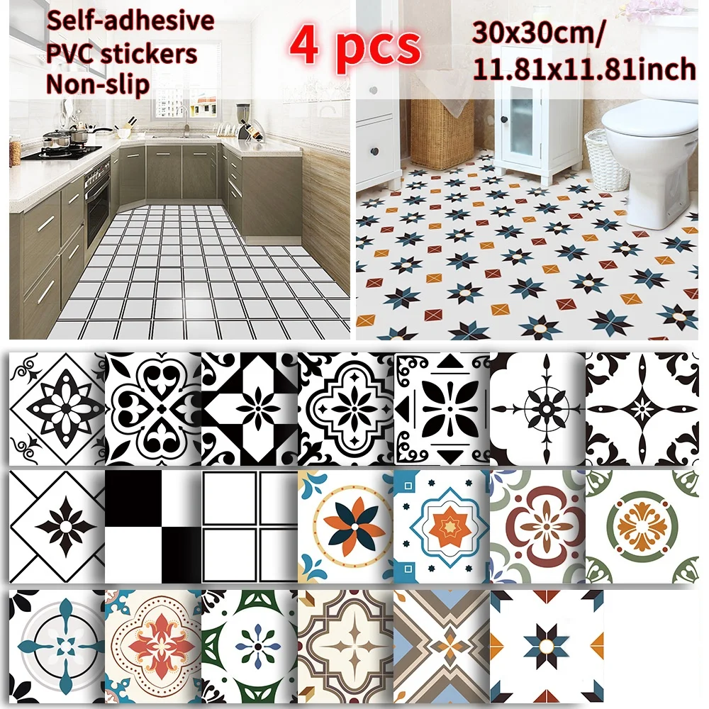 

4 PCS Floor Stickers Tile Decoration Waterproof Bathroom Kitchen Twill Matte Surface Non-slip Self Adhesive Square Ground Decals