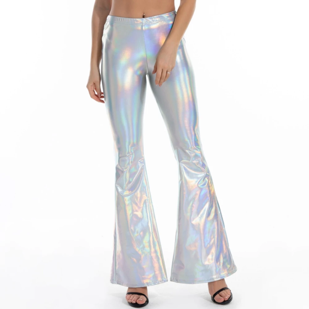 Pantalones acampanados holográficos brillantes para mujer y niña, pantalón Sexy metálico de cuero PU, ceñido al cuerpo, cintura elástica, Fondo de campana, ropa de discoteca