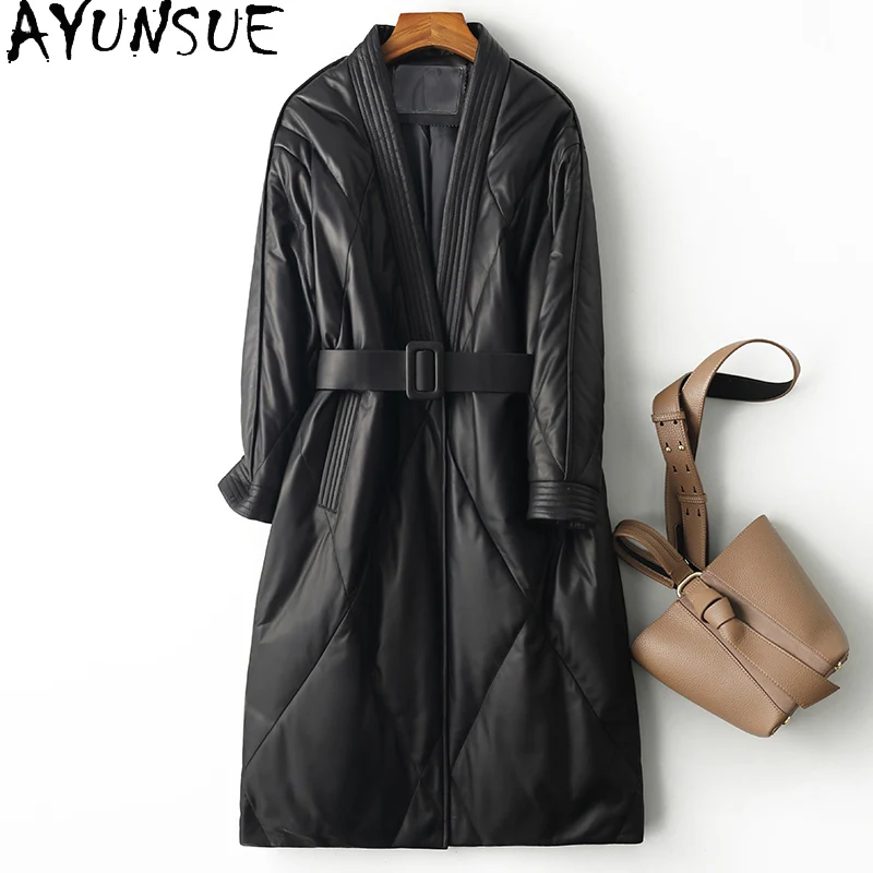 Ayunsue-女性の本革のジャケット,女性のシープスキンジャケット,冬の白いダックダウンコート,レザーの服