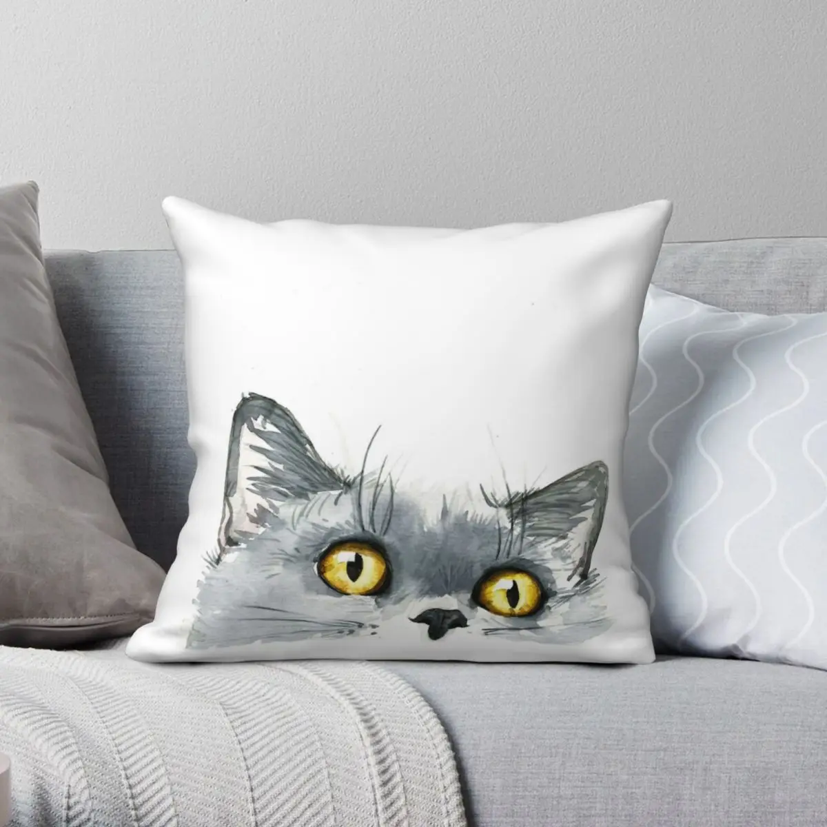 Watercolor Peeking British Shorthair Square Pillowcase Polyester Linen Velvet Creative Zip Decorative Sofa Seater Cushion Cover