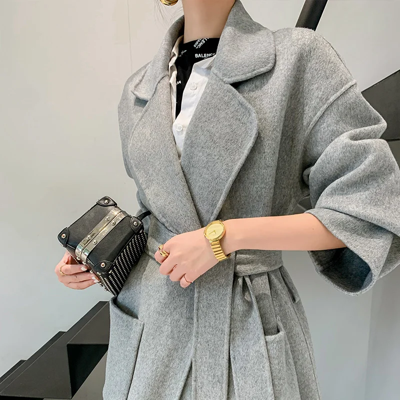 2024 Herbst Winter lose lange doppelseitige Kaschmir Woll jacke Frauen elegante Büro Dame Oberbekleidung große Tasche Woll mantel weiblich