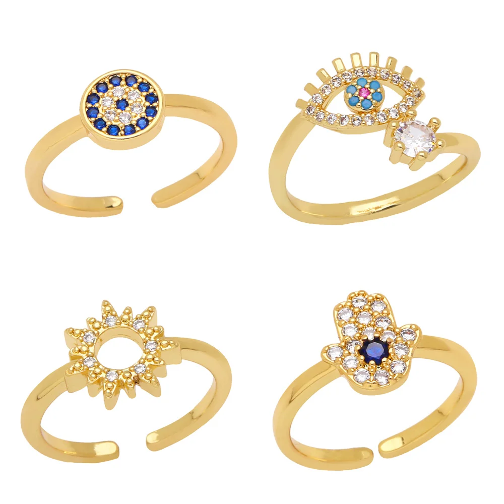 Turkish Blue Evil Eye Ring for Women Gold Color Zircon Fatima Hand Open Ring Crystal Lucky Jewelry Gifts olho grego rigp04