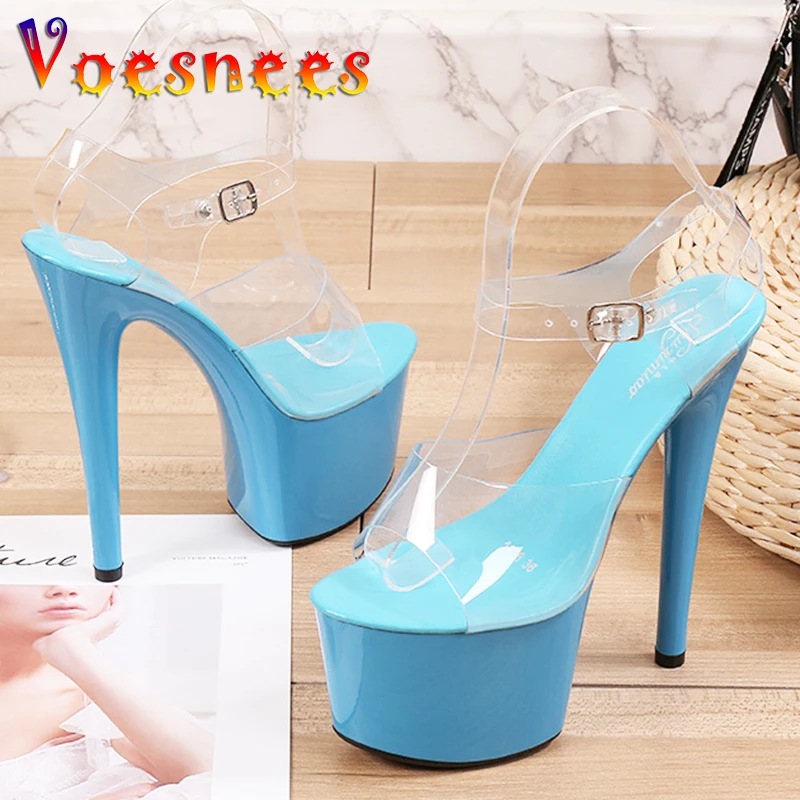 

Large Size Women Sandals Multicolor Platform Super High Heels 17cm Thin Heel Transparent Women's Shoes Walking Show Model Shoes