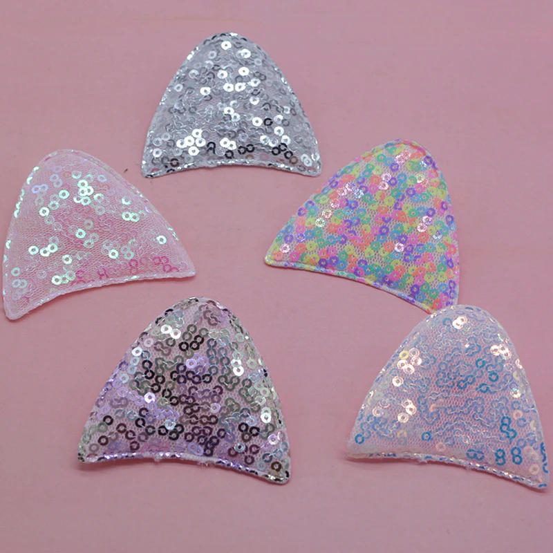 5.8*5.5cm 30pcs/lot Sequin cat Ear Padded Applique for DIY Children Hair Accessories, Appliques For Clothes Sewing Supplies