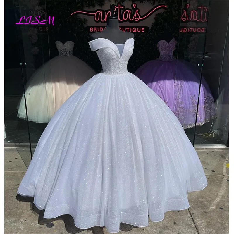 Vestido de baile con cuentas brillantes, quinceañera, 16 vestidos de desfile, sin hombros, escote Corazón, tul, largo, fiesta de graduación