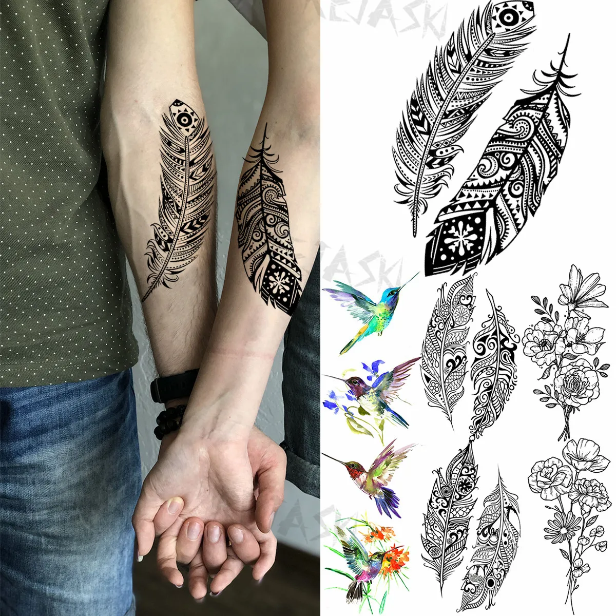 Black Feather Temporary Tattoos For Women Men Hummingbird Bouquet Realistic Fake Tattoo Sticker Waterproof Body Art Tatoos Decal