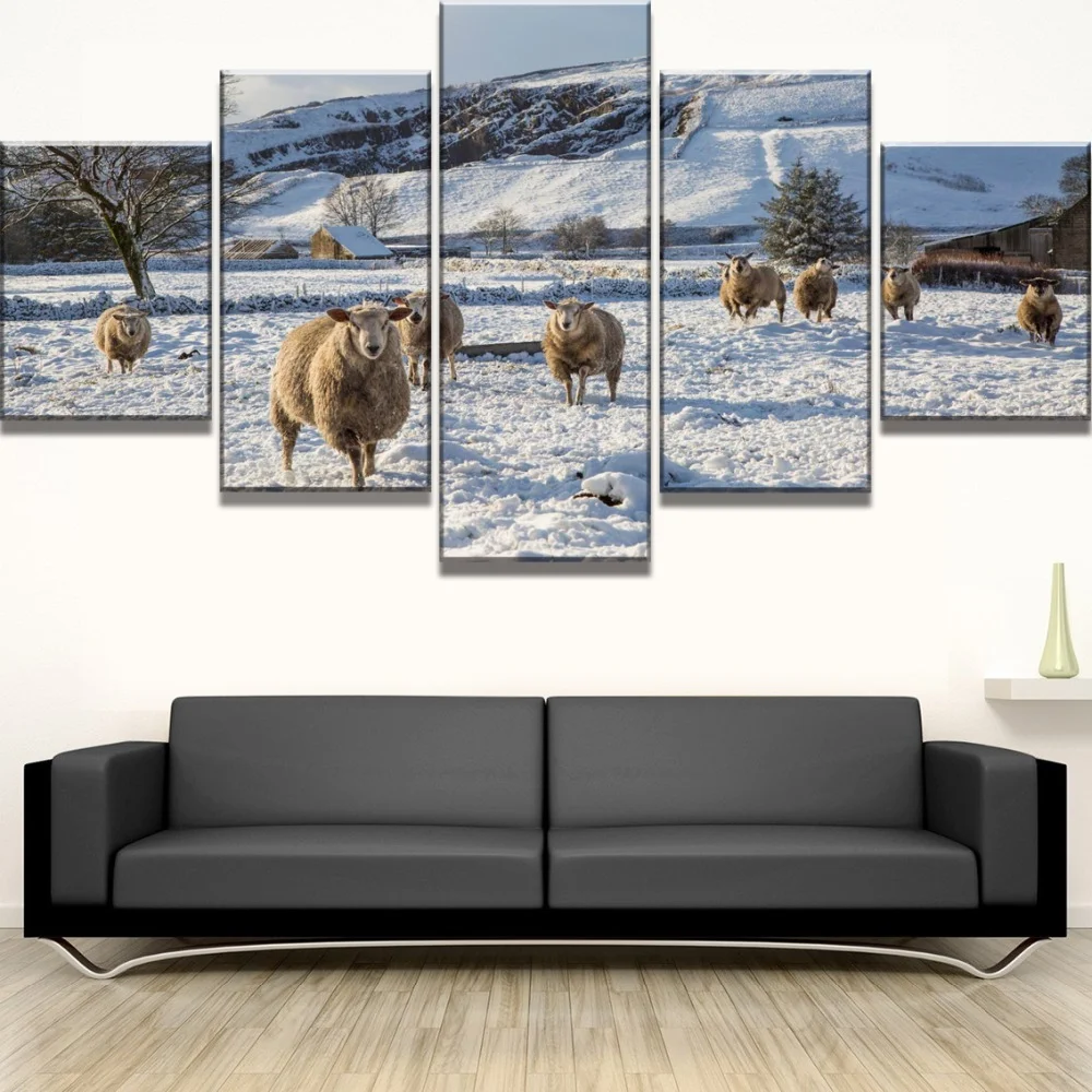 

Paintings Canvas 5 Piece HD Print Flock Sheep Snow Mountain Animal Modern Decorative Wall Art for Home Decorations Wall Decor