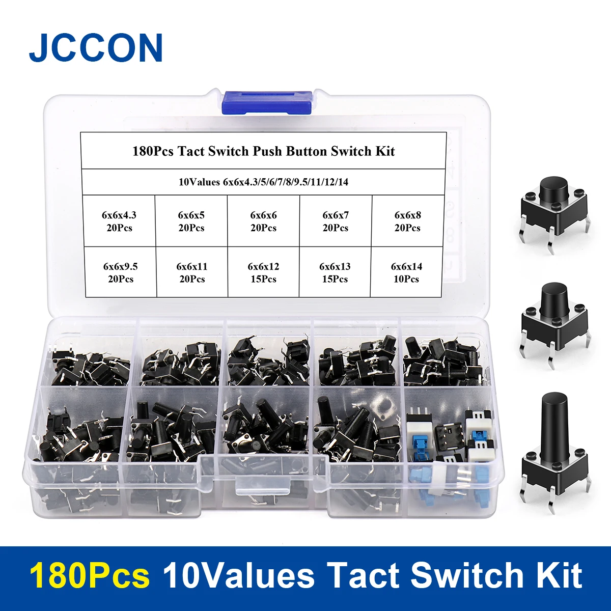 

180Pcs 10Values 6x6x4.3/5/6/7/8/9.5/ Tact Switch Push Button Switch Assorted Kit 12V Copper 4PIN DIP Micro Switch For TV/Toys