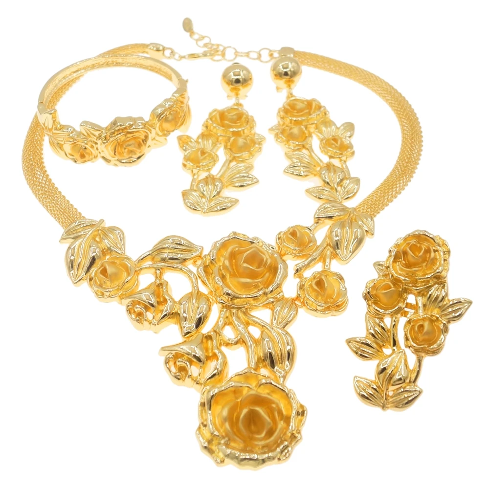 Hot Selling Italian Gold Plated Jewelry Set Luxury Rose Flower Necklace Banquet Wedding Party Earrings H0084 Ring