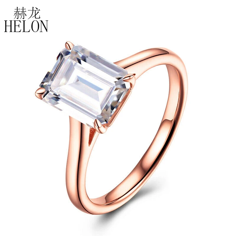 

HELON Moissanite Ring Solid 14k Rose Gold Emerald Cut 2.4ct VVS/DF Color Lab Grown Moissanite Diamond Wedding Ring Women Jewelry