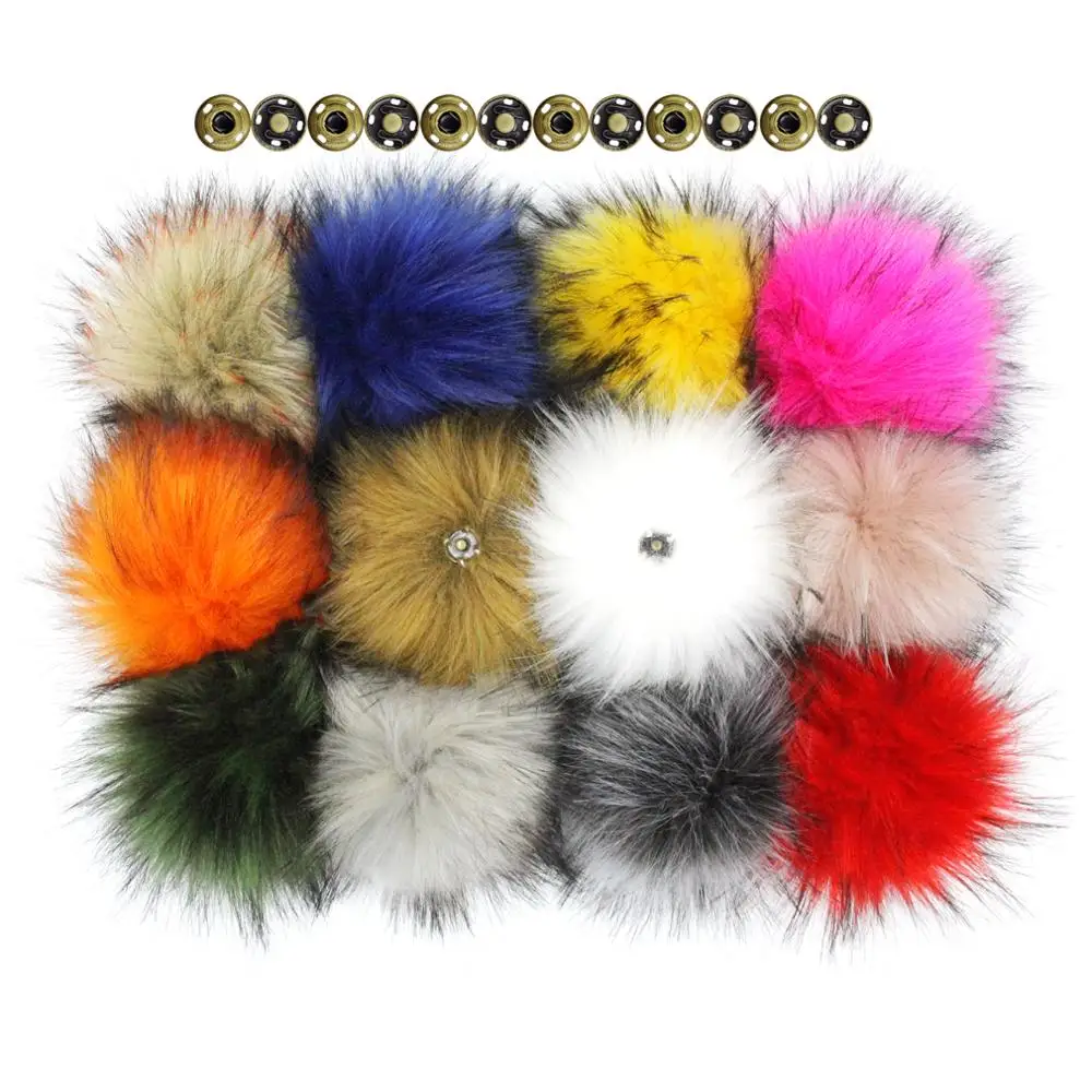 Large 16CM Faux Raccoon Fur Pompoms for Hats Pack 12pcs 6inch Faux Fur Pompoms with Press Button 15Colors