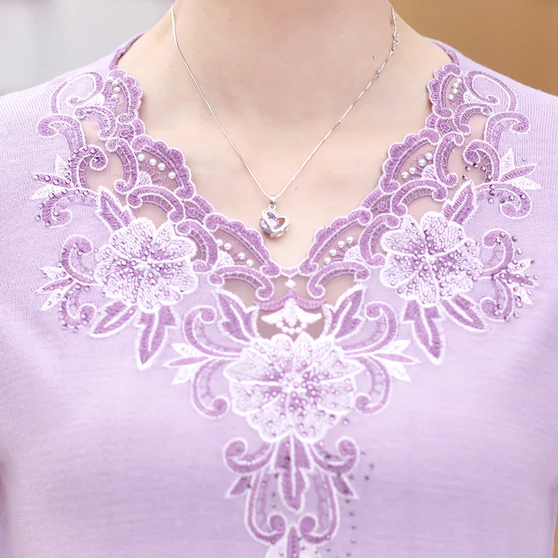 Women Embroidery Blouse Tops Summer Spring Lace Knitwear Elegant Female Floral Sweater Lace Shirts Pullovers