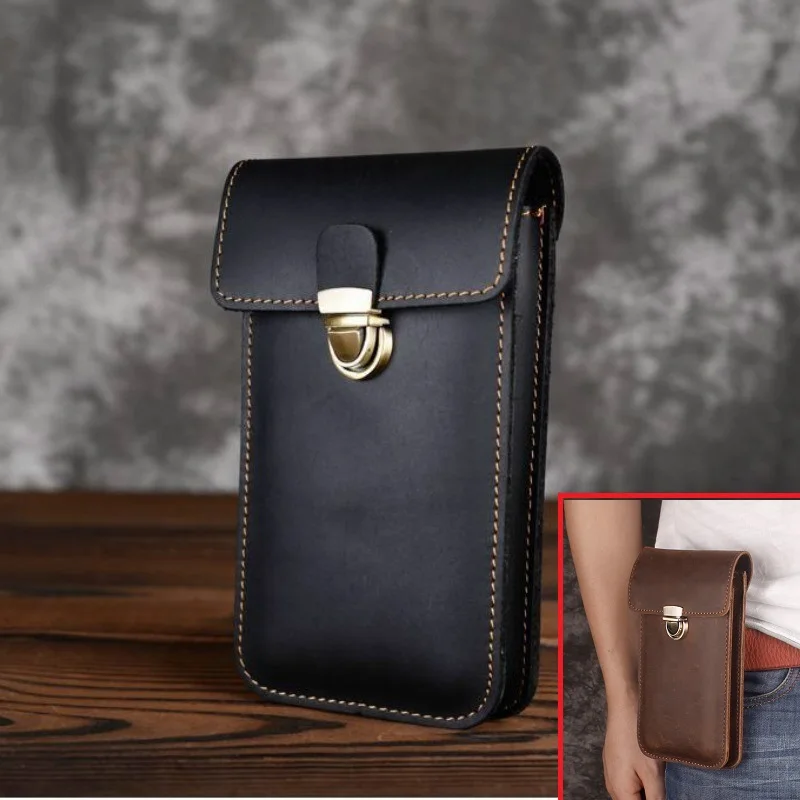 General Phone Bag Luxury Genuine Leather Waist BagPouch Vintage Phone Case Mens Belt Bag Loop Holster for IPhone Samsung Huawei