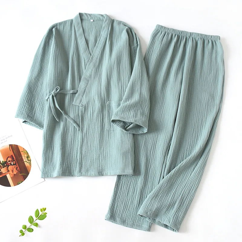 

NHKDSASA Mens Bathrobe For Home Women Kimono Pajama Set 100% Cotton Crepe Nightgown 2 Piece Pijama Suit Sleepwear Male Mujer