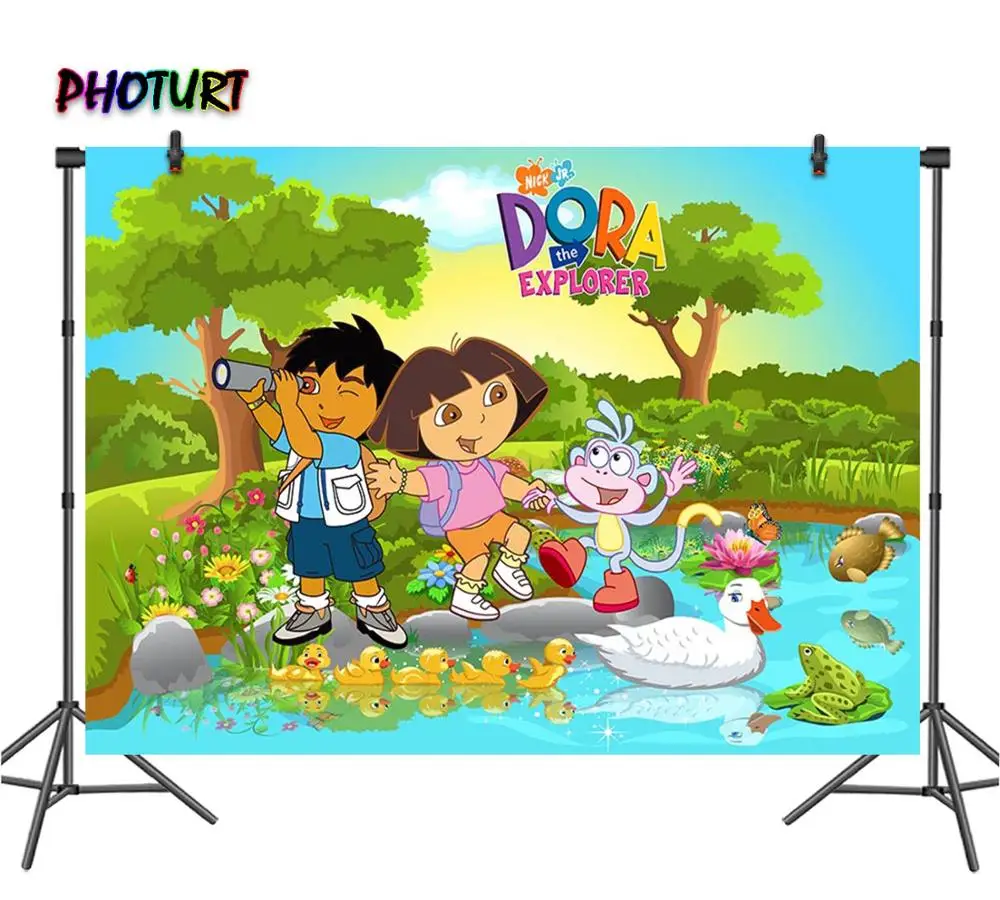 PHOTURT Children Explorer Photography Backdrops Kids Birthday Party Background Cartoon Monkey Duck Pond Vinyl Photo Studios Prop