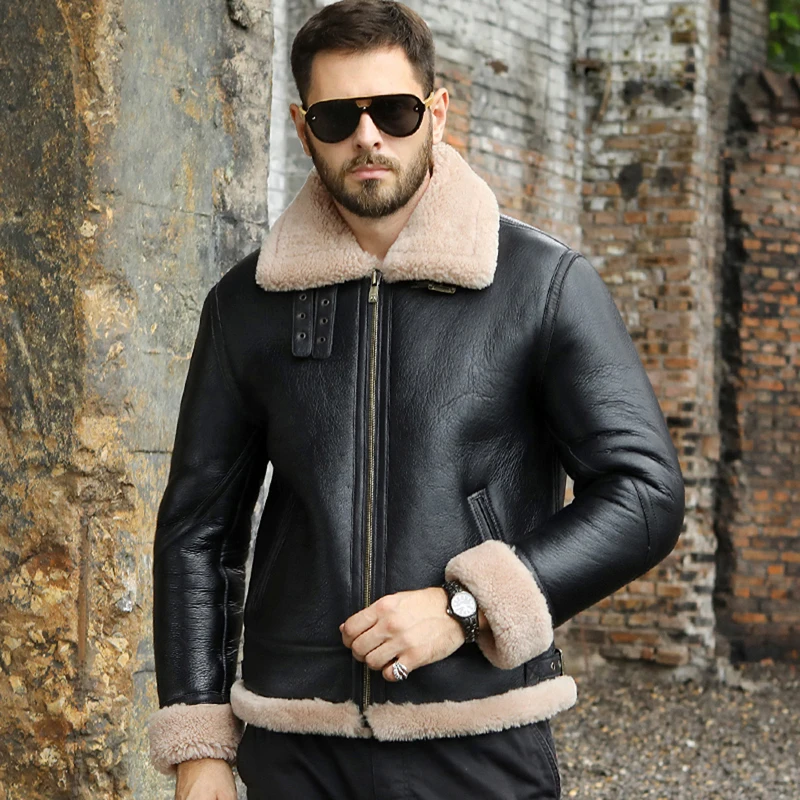 

New Mens B3 Shearling Coat Black Leather Jacket Short Motorcycle Jacket Thicken Fur Coat Sheepskin Coat