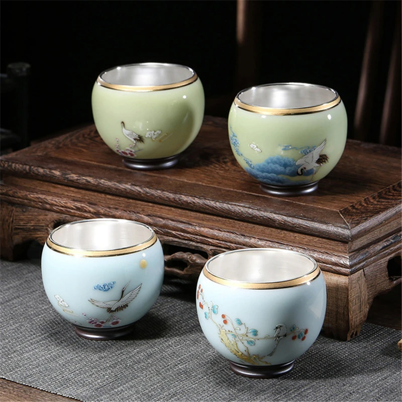 999 Silver gilt tea bowl Ru Kiln Antique Tea Cup Chinese kungfu master tea cup porcelain handpainted cup of tea Chinese tea cup