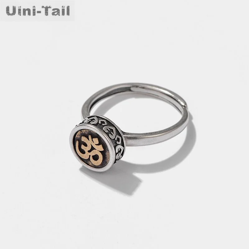 Uini-Tail hot selling new style 925 Thai silver Chinese style retro prayer wheel Sanskrit ring fashion trend rotating ring JZ232