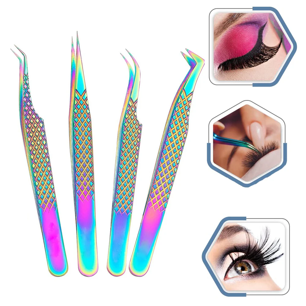 New Stainless Steel Eyelash Extension Tweezers Straight Curved Volume Tweezers Multi-color Rainbow Lash Clips Eye Makeup Tools