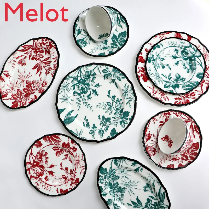 

Hand-Painted Personalized Creative Bone China Heavy Industry Vintage Wax Leaf Printing Series Dinner Plate Pastry Plate