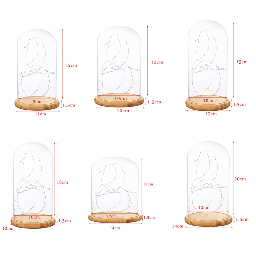 Ledフェアリーライト付きの素朴なクローシュスタイルのガラスドームベルジャー木製ベース