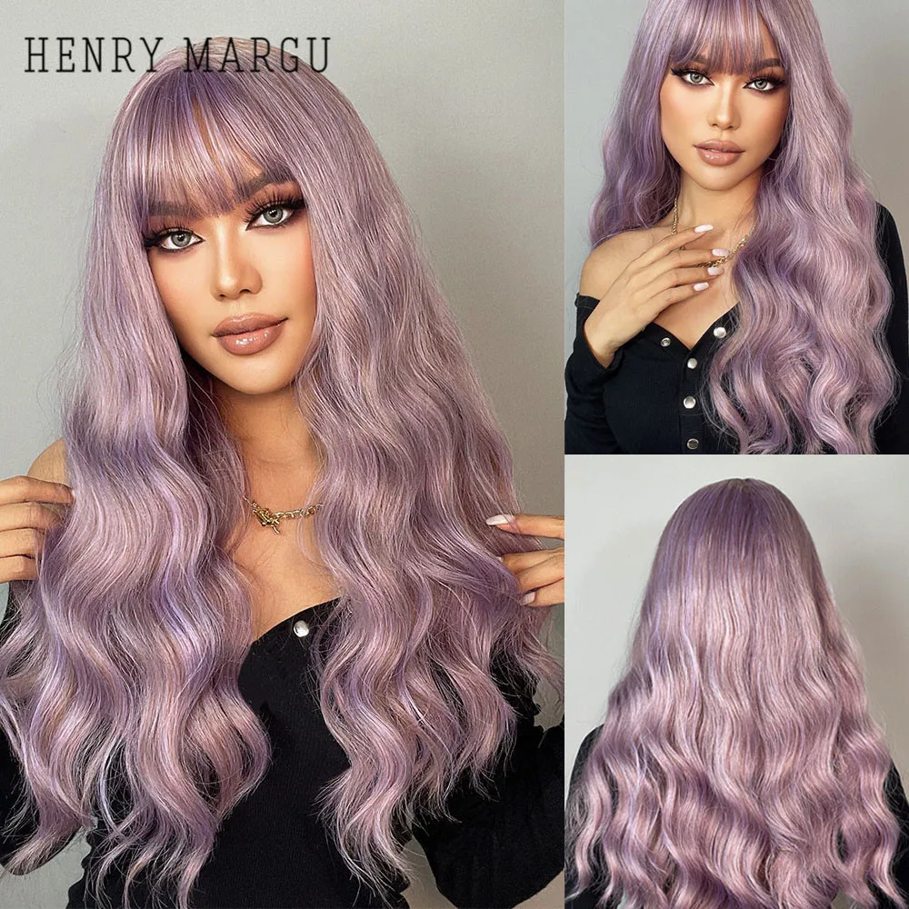 Henry margu perucas sintéticas longas onduladas com franja perucas de festa cosplay lolita para mulheres lilás roxo marrom afro perucas de cabelo