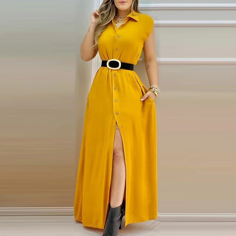 

Women's Turn Down Collar Long Shirt Dress Solid Sleeveless Single Breasted Casual Lady Robe Summer Nice Elegant Fashion Dresses