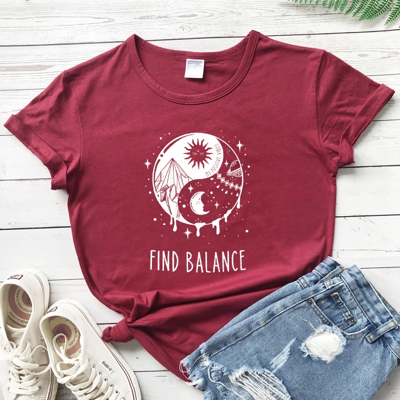 Find Balance Yin Yang T-shirt Aesthetic Women Grunge Gothic Top Tee Shirt Mystical Sun Moon Day Night Nature Tshirt