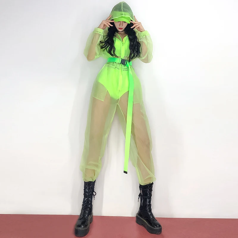 Hip Hop Dance Costumes Lady Fluorescent Green Sexy See-Through Jumpsuit Bikini Modern Jazz Dancer Outfit Street Dancewear DT2967