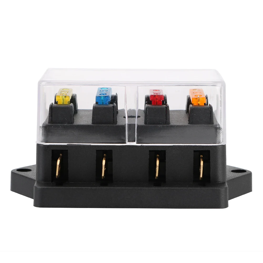 Block & Warning Indicator 12V/24V+4 Way Fuse 4 Ways Blade Fuse Block Fuse Box Holder For Auto Car Marine Trike Plastic Cover