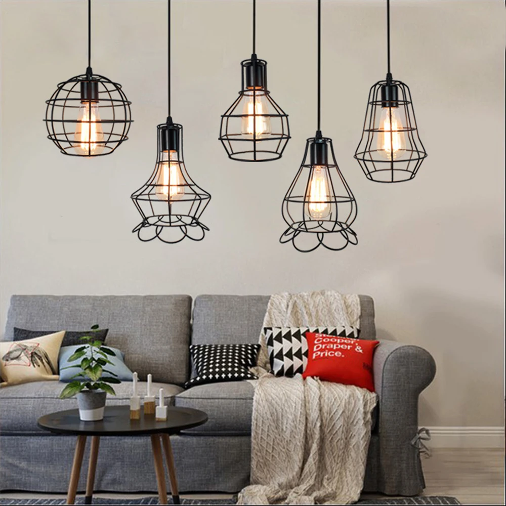 

110V 220V LED Pandent Light E27 Retro Iron Hanging Lights Kitchen Living Room Loft Aisle Restaurant LED Black Pendant Lampshade