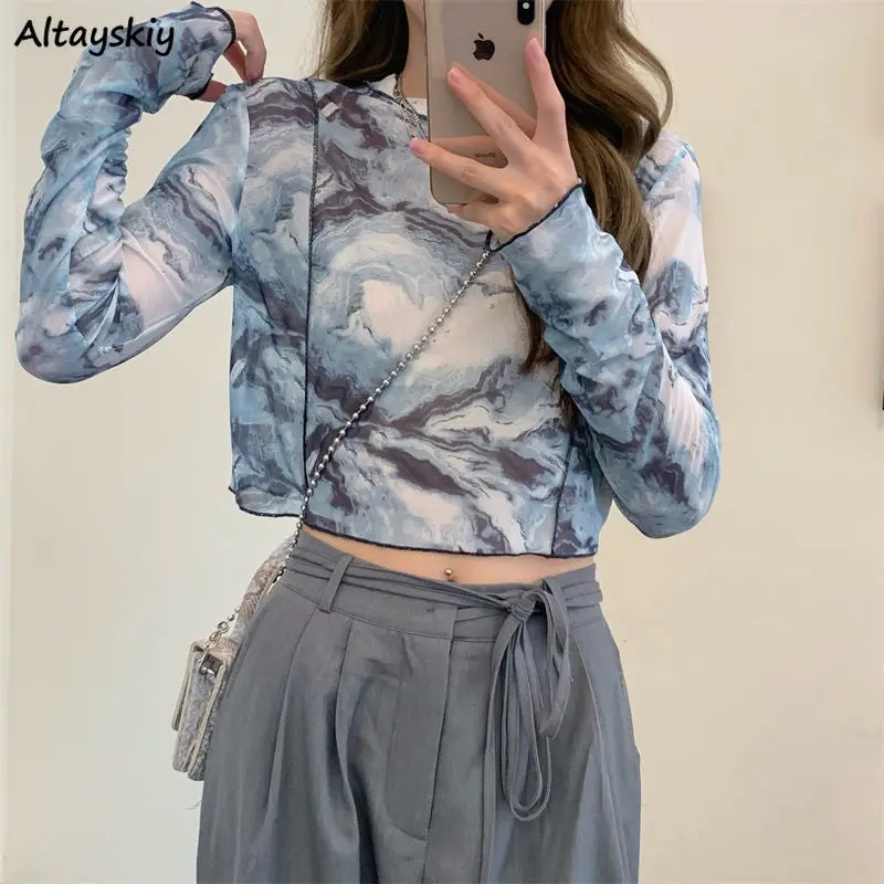 Long Sleeve T-shirts Women Tie-dye Printed Summer Sun-proof Cropped Tops Fashion High Street Gauze Korean Style Chic Teens Retro