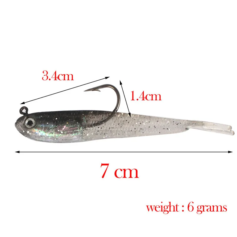 2pcs Soft Bait 75mm 6.5g Soft Fish Fork Tail with Hook Fish Artificial Silicone Fish Bait Fishing Tackle Sink Lead block Bait