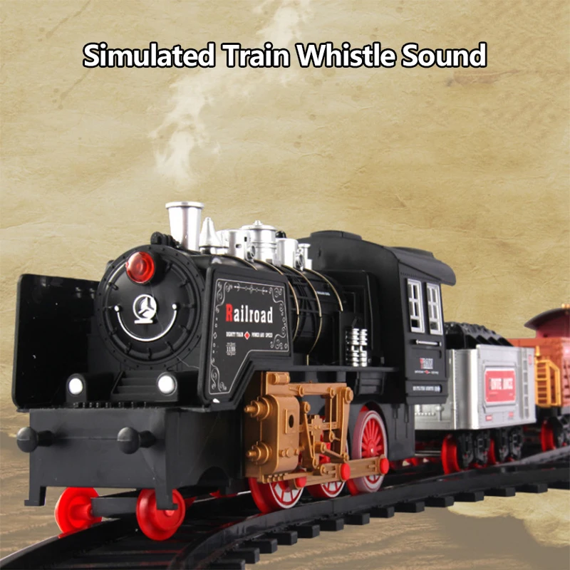 120CM Simulation Remote Control Steam Train 666CM Track DIY Assembly Whistle Sound Effect Smoking Chimney Railway Model RC Toys